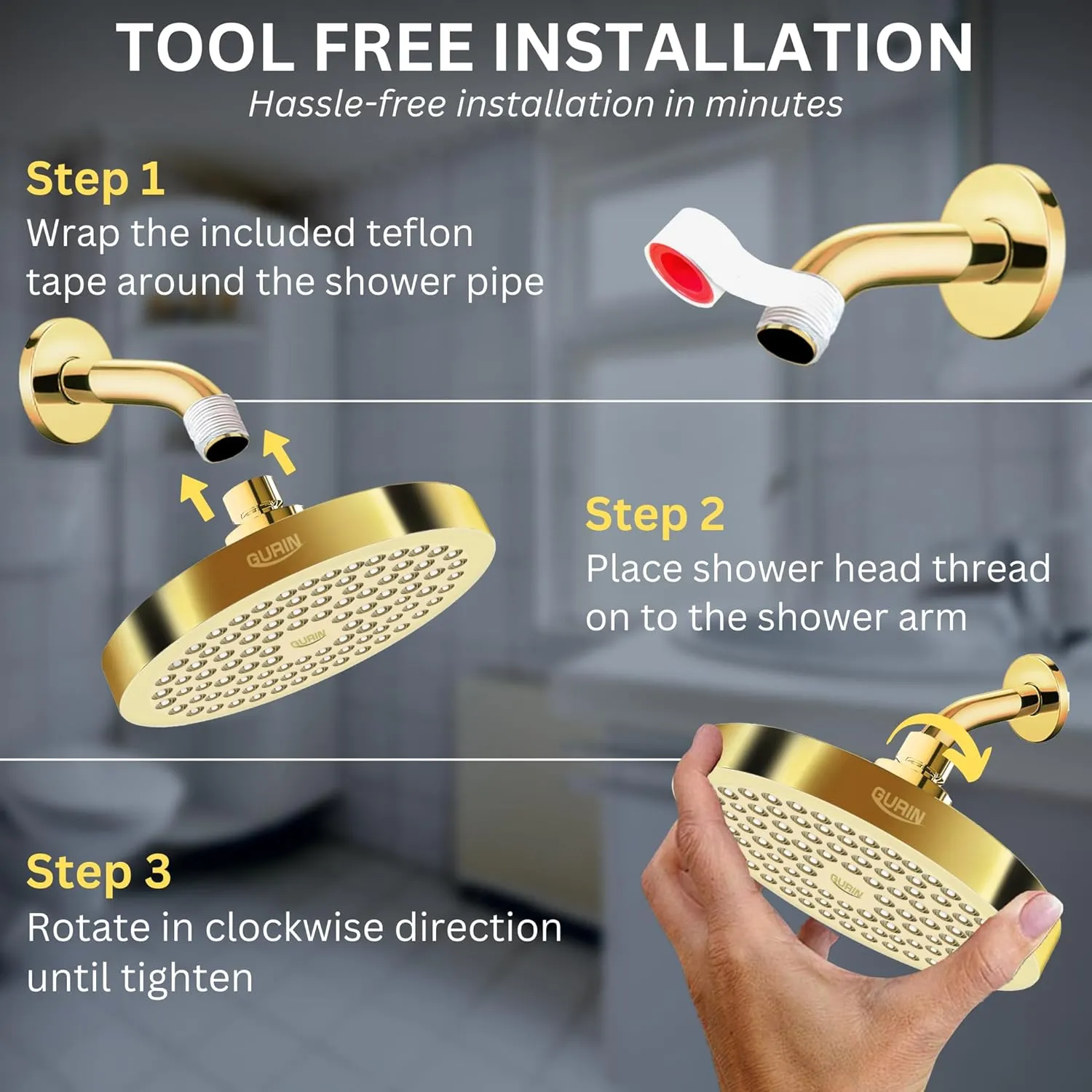GURIN Shower Head High Pressure Rain, Luxury Bathroom Showerhead with Gold Plated Finish, Adjustable Angles, Anti-Clogging Silicone Nozzles