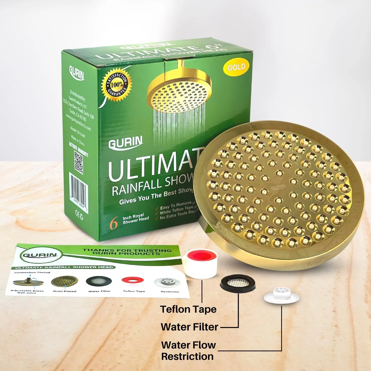 GURIN Shower Head High Pressure Rain, Luxury Bathroom Showerhead with Gold Plated Finish, Adjustable Angles, Anti-Clogging Silicone Nozzles