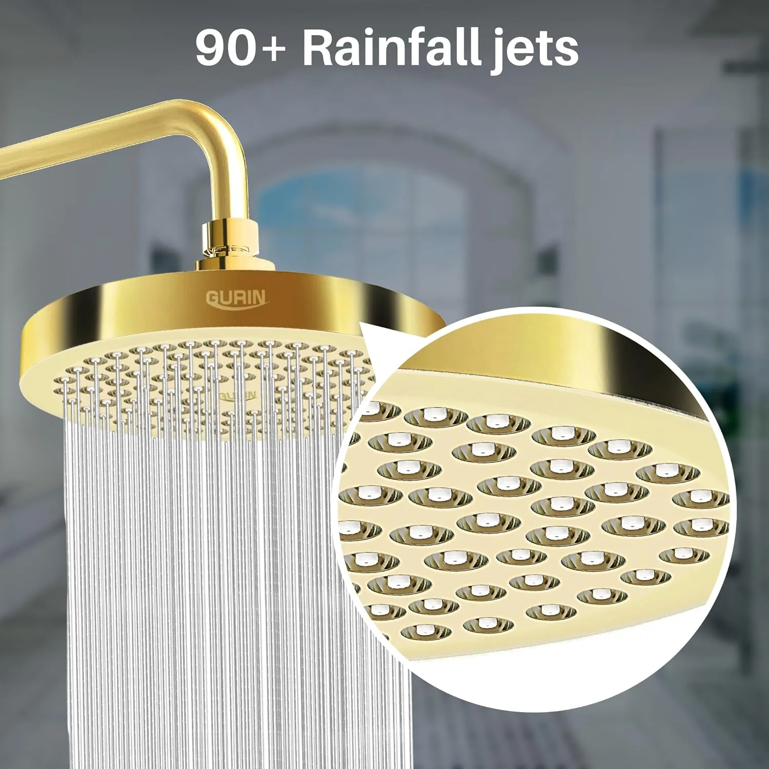 GURIN Shower Head High Pressure Rain, Luxury Bathroom Showerhead with Gold Plated Finish, Adjustable Angles, Anti-Clogging Silicone Nozzles
