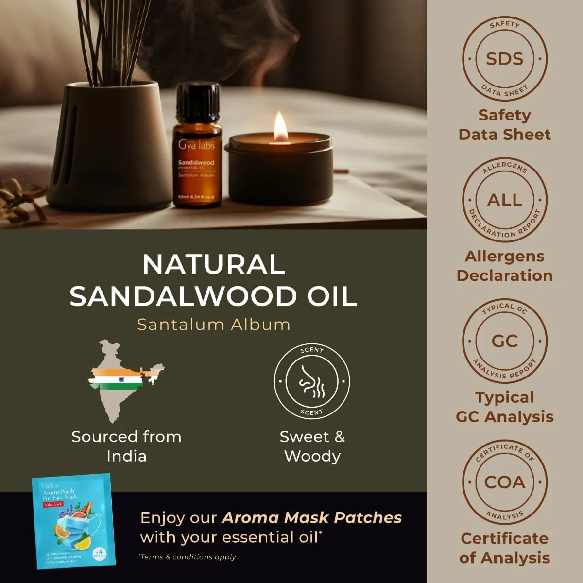 Gya Labs Sandalwood Essential Oils for Diffuser - 0.34 Fl Oz - 100% Pure Natural Sandalwood Oil for Skin, Hair, Massage Perfume & Candle Making Scent
