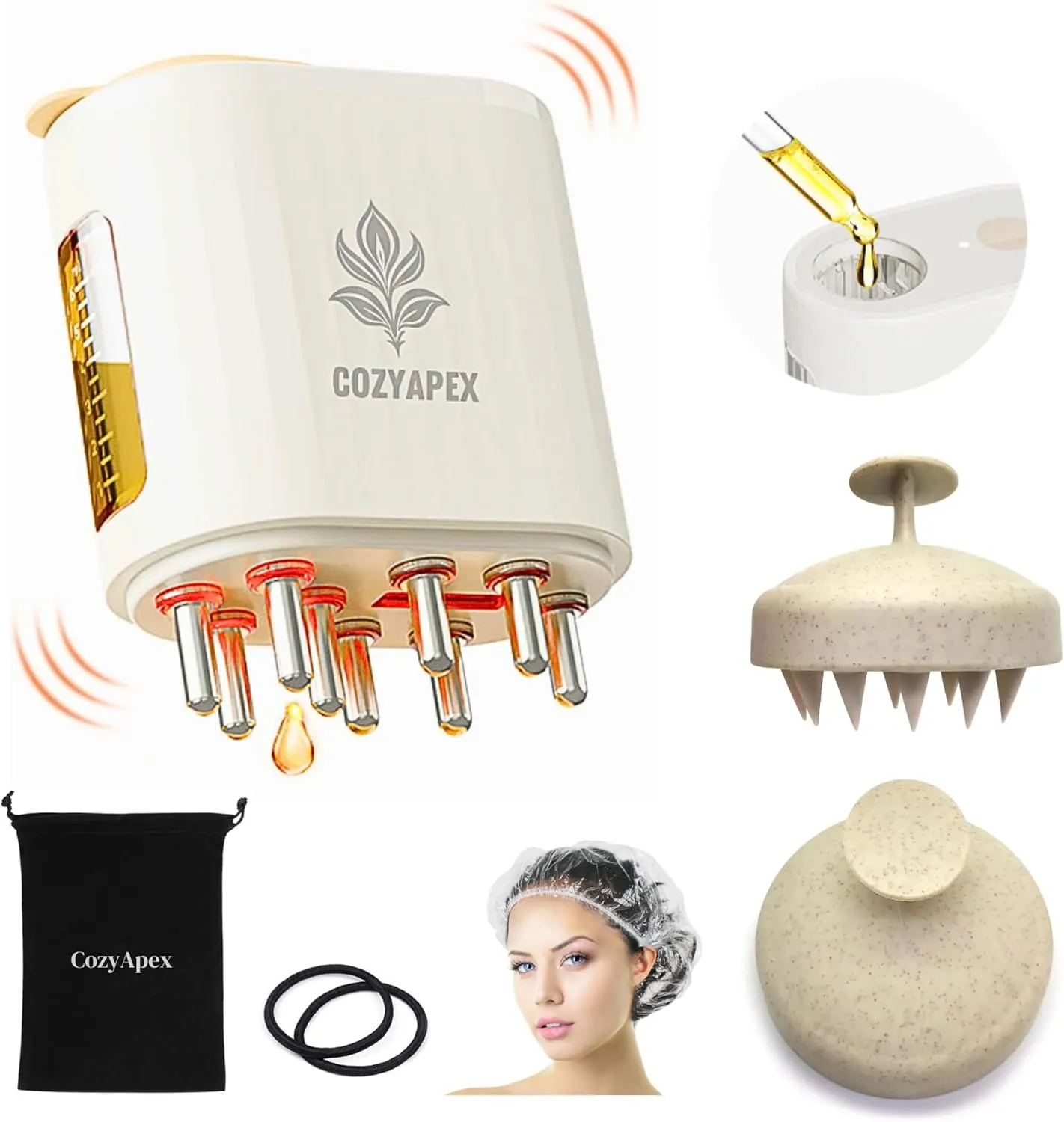 Hair Care Bundle - Hair Oil Applicator, Wheat Straw Hair Scalp Massager Shampoo Hair Brush, Hair Ties, Hairnets, Velvet Pouch for Scalp Massage, Hair Growth, and Styling Essentials
