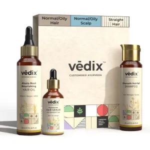 Hair Fall & Dandruff Control Regimen For Normal/Oily -Normal To Oily Scalp & Straight Hair with Ayurvedic Hair Oil, Shampoo, Hair Growth Serum