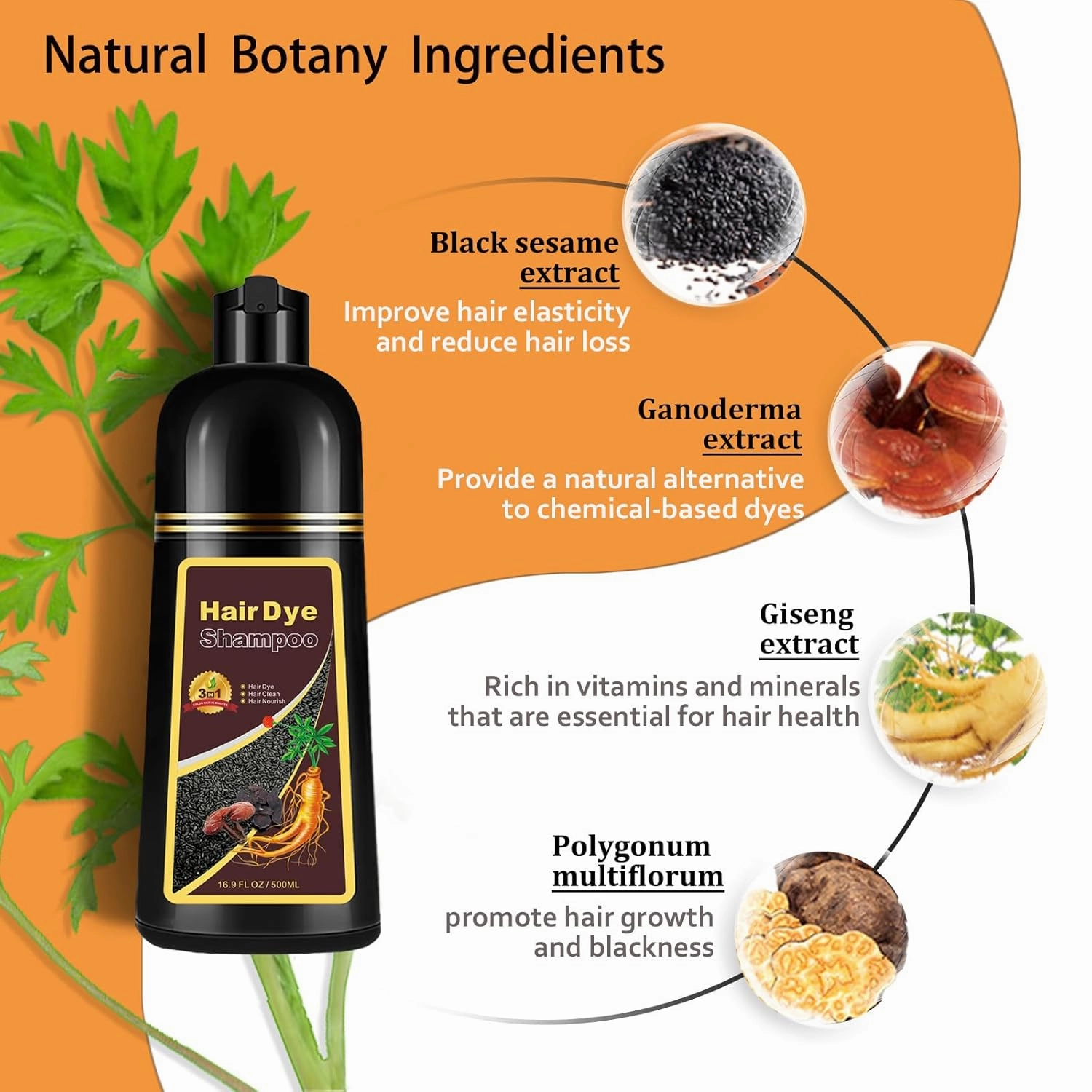 Hair Dye Shampoo 3 in 1, Long-Lasting Gray Hair Coverage, Natural Dark Coffee Hair Color Shampoo with Herbal Ingredients, Easy Application Shampoo Para Canas for Women Men 16.9 Fl Oz