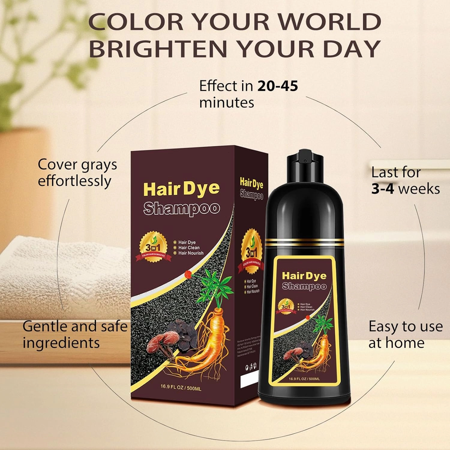 Hair Dye Shampoo 3 in 1, Long-Lasting Gray Hair Coverage, Natural Dark Coffee Hair Color Shampoo with Herbal Ingredients, Easy Application Shampoo Para Canas for Women Men 16.9 Fl Oz