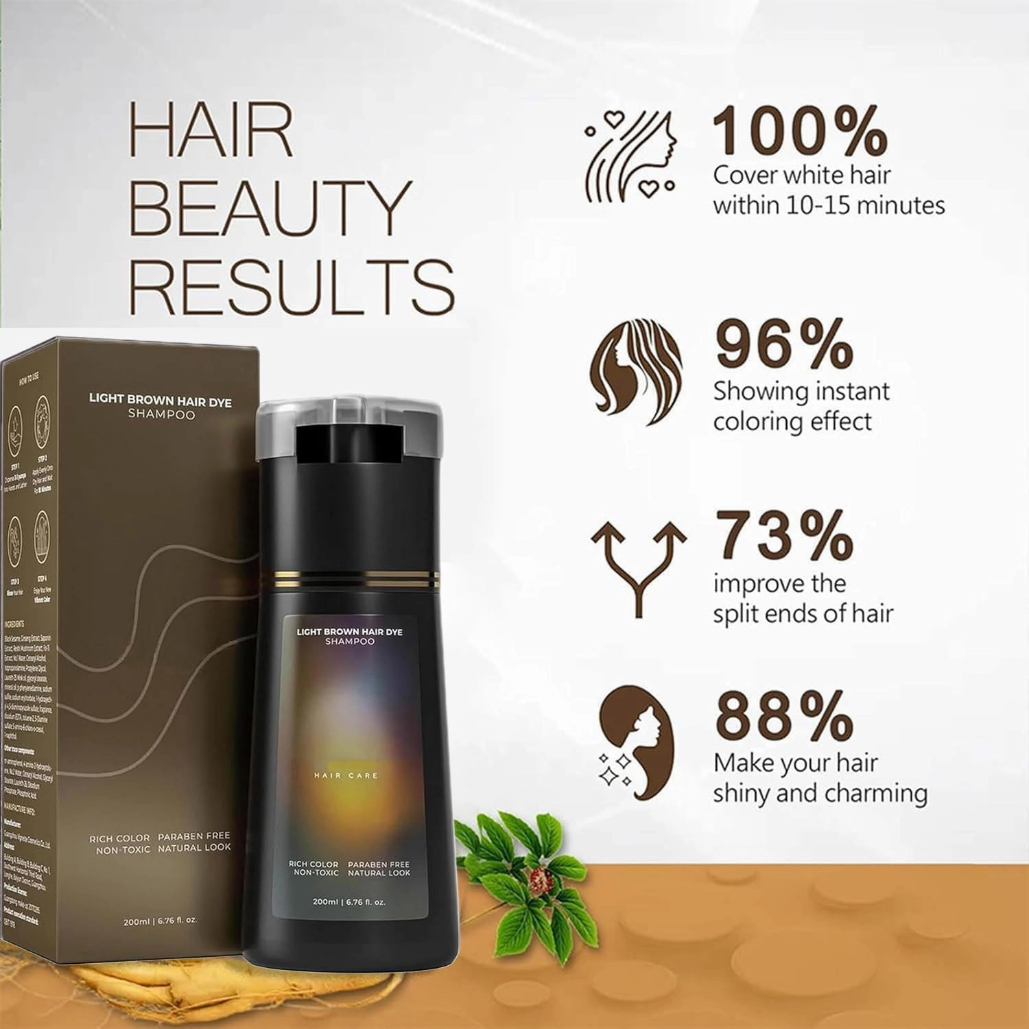 Hair Dye Shampoo, Hair Care, Natural Hair Color Shampoo for Gray and White Coverage, Suitable for Women & Men 200ml (Light Brown)