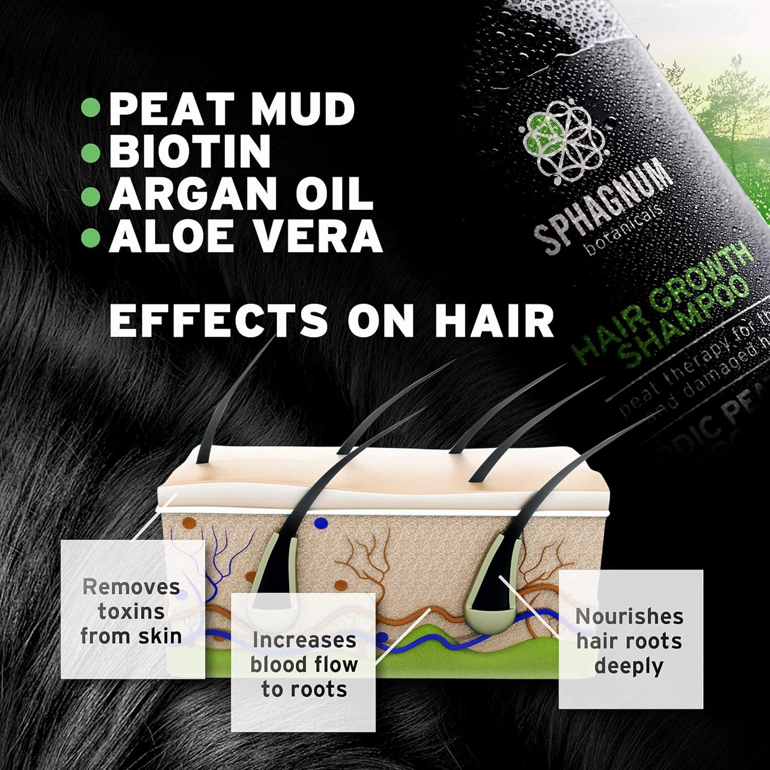 Hair Growth Shampoo - with Argan Oil and Fulvic Acid from Natural Nordic Peat Mud - No SLS, Parabens, Sulfate-Free - Biotin and Aloe Vera Treatment for Thinning and Damaged Hair