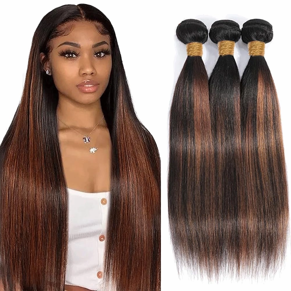 Hair P1B30 Bundle Highlight Straight Human Hair Bundles Color 30 Straight 3 Bundles 28 30 32 Inch Two Tone Black Mixed With Light Brown Bundle