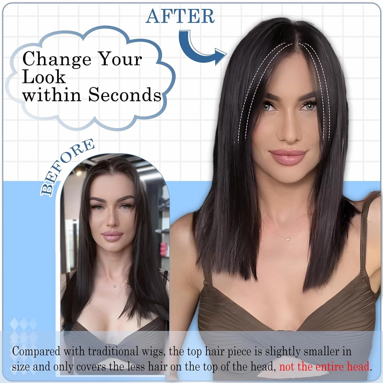 Hair Toppers No Bangs Women Topper with Front Lace 360° Cover Clip-in Synthetic Hairpieces Upgrade Base 13 in Short Straight Bob Wig for Thin Hair Ash Blonde