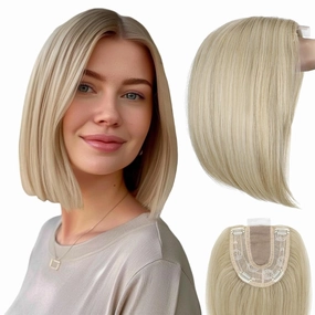 Hair Toppers No Bangs Women Topper with Front Lace 360° Cover Clip-in Synthetic Hairpieces Upgrade Base 13 in Short Straight Bob Wig for Thin Hair Ash blonde mix Bleach Blonde