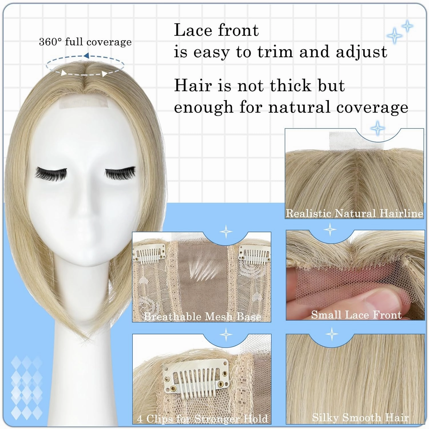 Hair Toppers No Bangs Women Topper with Front Lace 360° Cover Clip-in Synthetic Hairpieces Upgrade Base 13 in Short Straight Bob Wig for Thin Hair Ash blonde mix Bleach Blonde