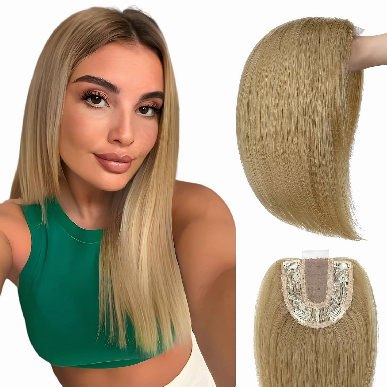 Hair Toppers No Bangs Women Topper with Front Lace 360° Cover Clip-in Synthetic Hairpieces Upgrade Base 13 in Short Straight Bob Wig for Thin Hair Ash Blonde