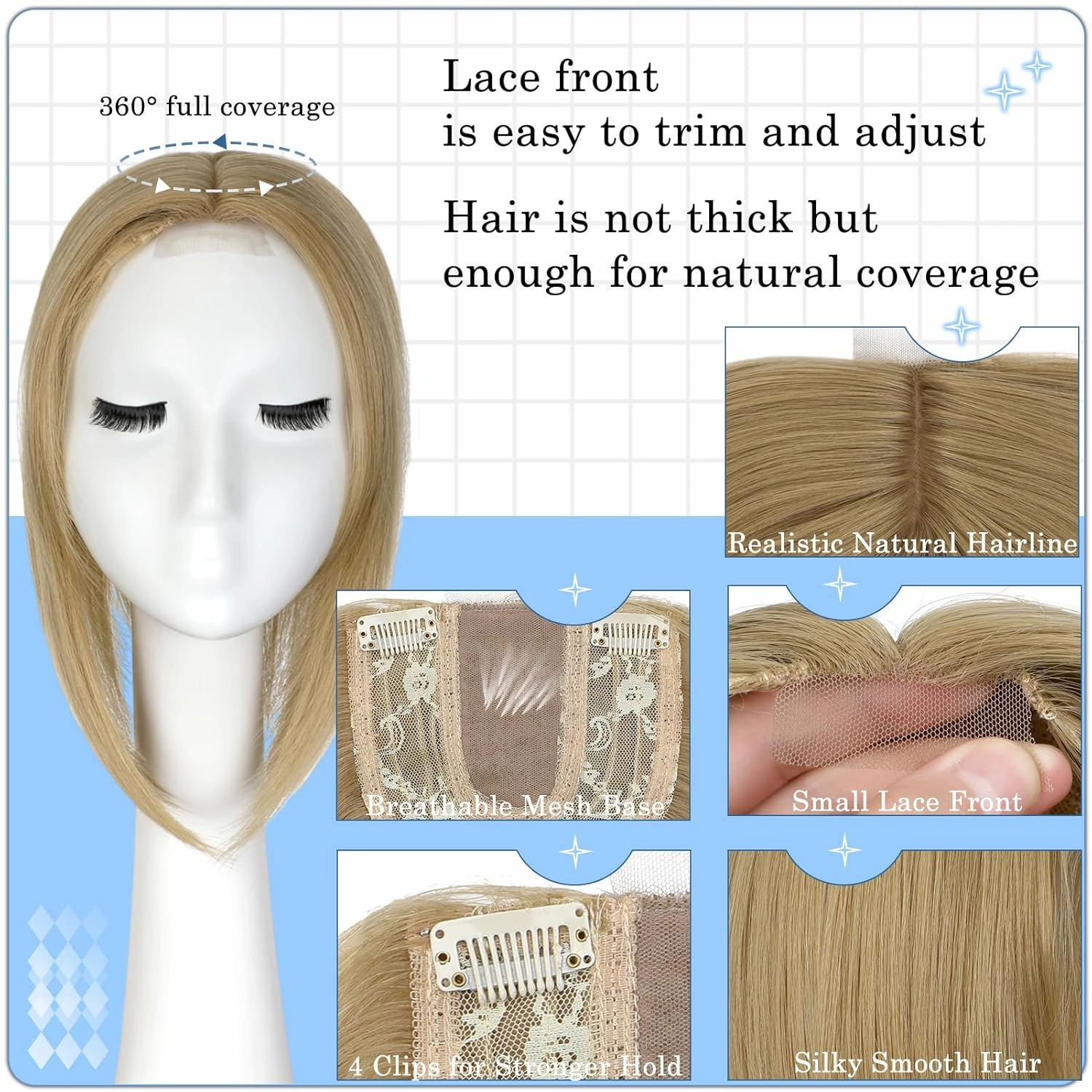 Hair Toppers No Bangs Women Topper with Front Lace 360° Cover Clip-in Synthetic Hairpieces Upgrade Base 13 in Short Straight Bob Wig for Thin Hair Ash Blonde
