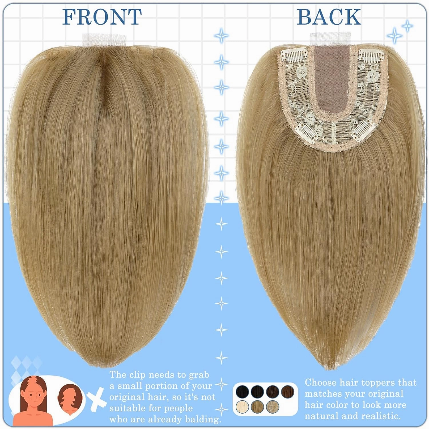 Hair Toppers No Bangs Women Topper with Front Lace 360° Cover Clip-in Synthetic Hairpieces Upgrade Base 13 in Short Straight Bob Wig for Thin Hair Ash Blonde