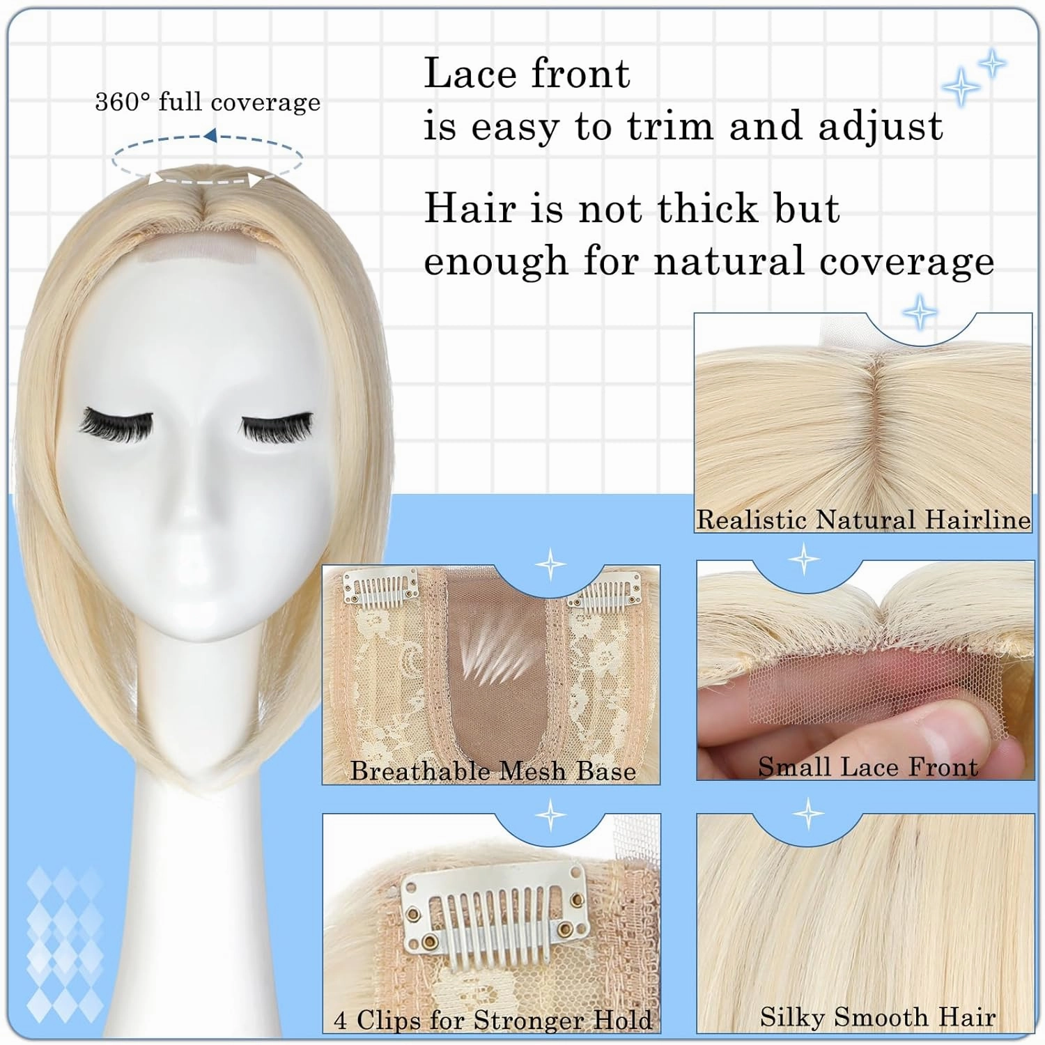 Hair Toppers No Bangs Women Topper with Front Lace 360° Cover Clip-in Synthetic Hairpieces Upgrade Base 13 in Short Straight Bob Wig for Thin Hair Bleach Blonde