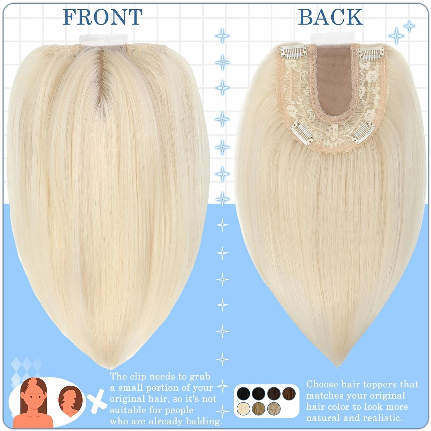 Hair Toppers No Bangs Women Topper with Front Lace 360° Cover Clip-in Synthetic Hairpieces Upgrade Base 13 in Short Straight Bob Wig for Thin Hair Bleach Blonde