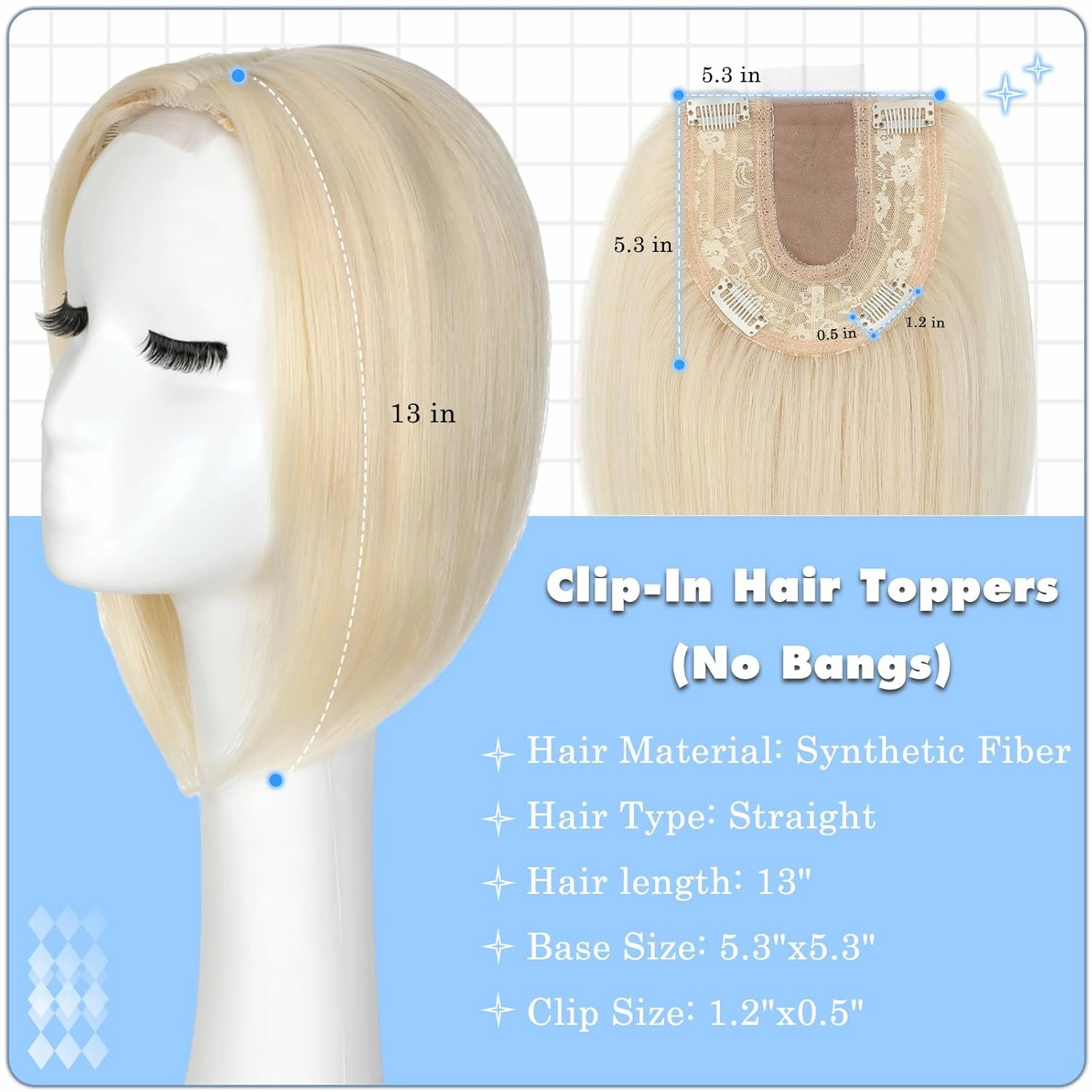 Hair Toppers No Bangs Women Topper with Front Lace 360° Cover Clip-in Synthetic Hairpieces Upgrade Base 13 in Short Straight Bob Wig for Thin Hair Bleach Blonde
