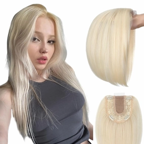 Hair Toppers No Bangs Women Topper with Front Lace 360° Cover Clip-in Synthetic Hairpieces Upgrade Base 13 in Short Straight Bob Wig for Thin Hair Bleach Blonde