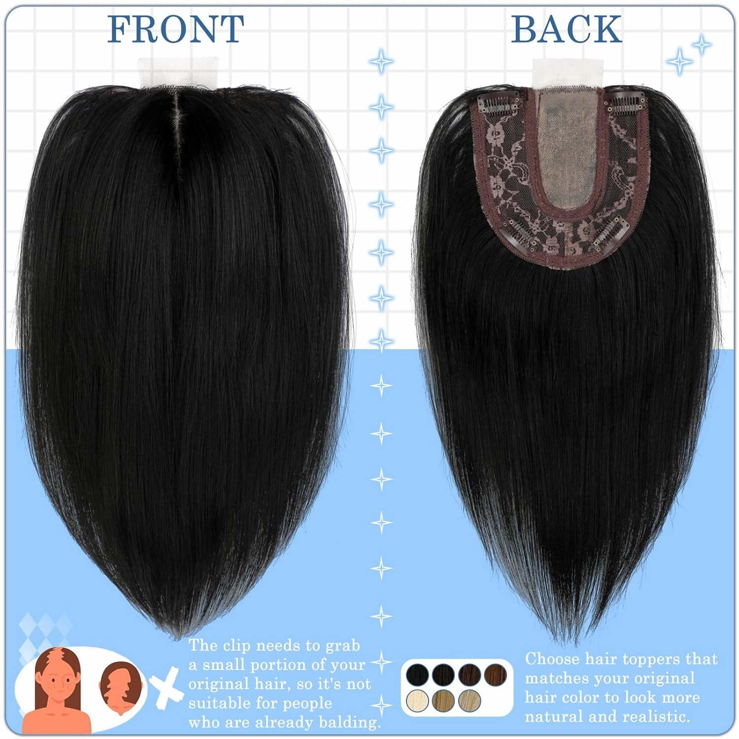 Hair Toppers No Bangs Women Topper with Front Lace 360° Cover Clip-in Synthetic Hairpieces Upgrade Base 13 in Short Straight Bob Wig for Thin Hair Dark Black