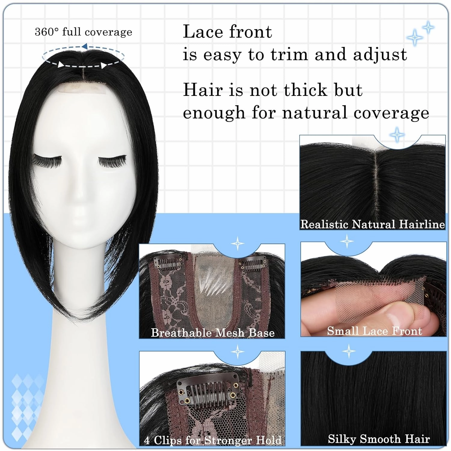 Hair Toppers No Bangs Women Topper with Front Lace 360° Cover Clip-in Synthetic Hairpieces Upgrade Base 13 in Short Straight Bob Wig for Thin Hair Dark Black