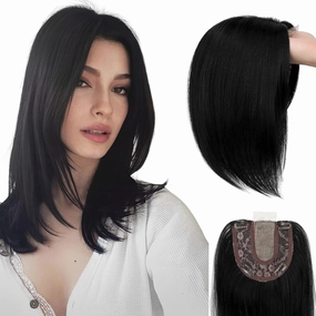Hair Toppers No Bangs Women Topper with Front Lace 360° Cover Clip-in Synthetic Hairpieces Upgrade Base 13 in Short Straight Bob Wig for Thin Hair Dark Black