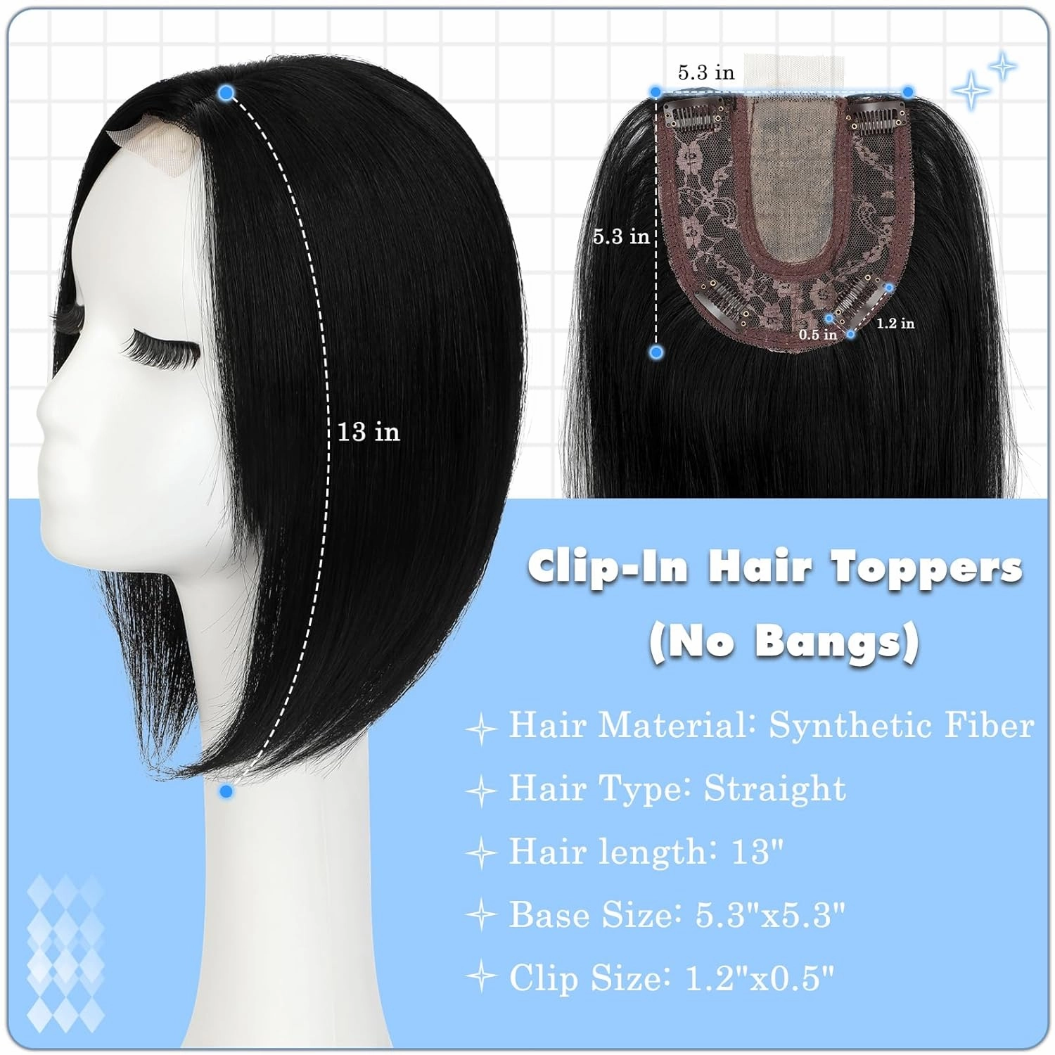 Hair Toppers No Bangs Women Topper with Front Lace 360° Cover Clip-in Synthetic Hairpieces Upgrade Base 13 in Short Straight Bob Wig for Thin Hair Dark Black