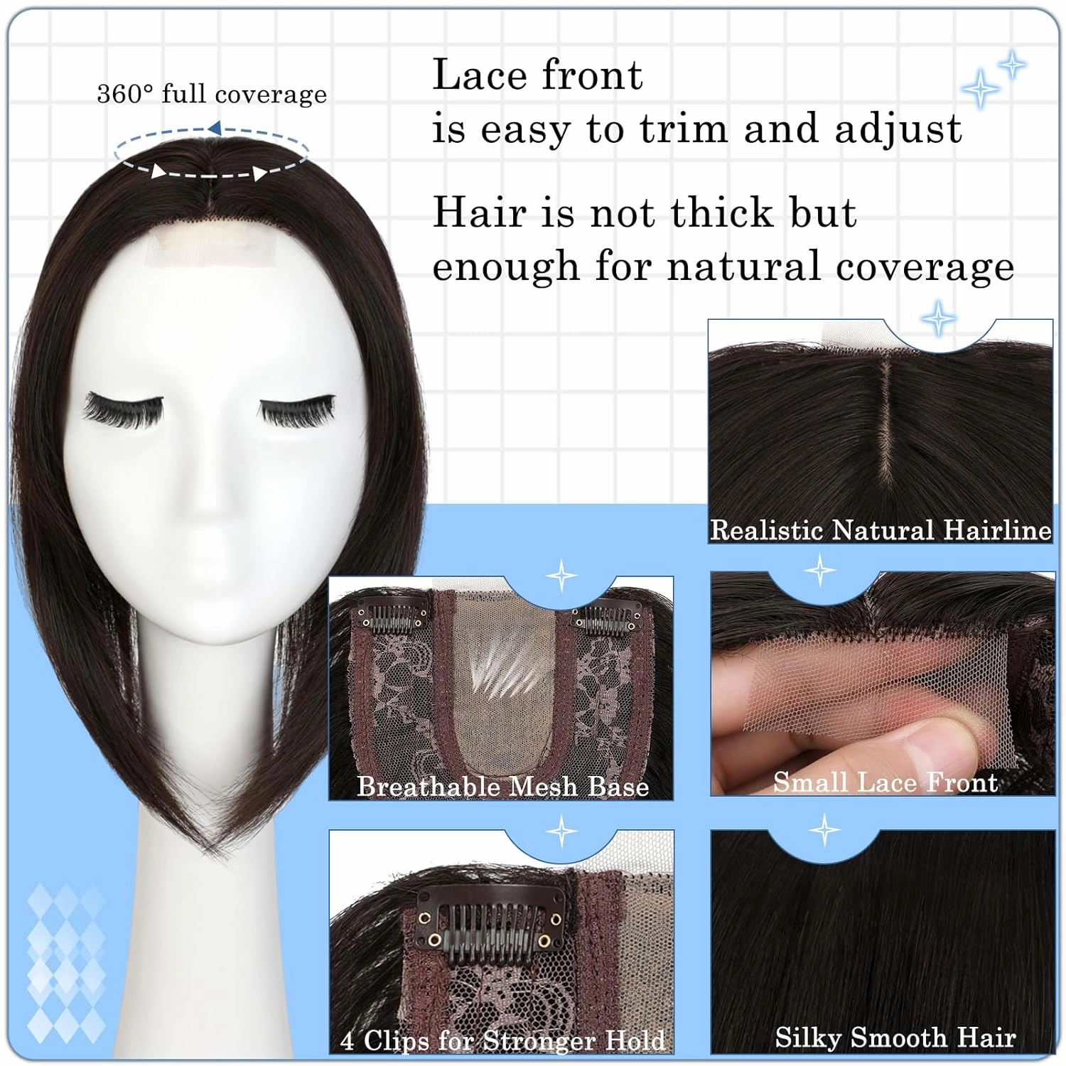 Hair Toppers No Bangs Women Topper with Front Lace 360° Cover Clip-in Synthetic Hairpieces Upgrade Base 13 in Short Straight Bob Wig for Thin Hair Dark Brown