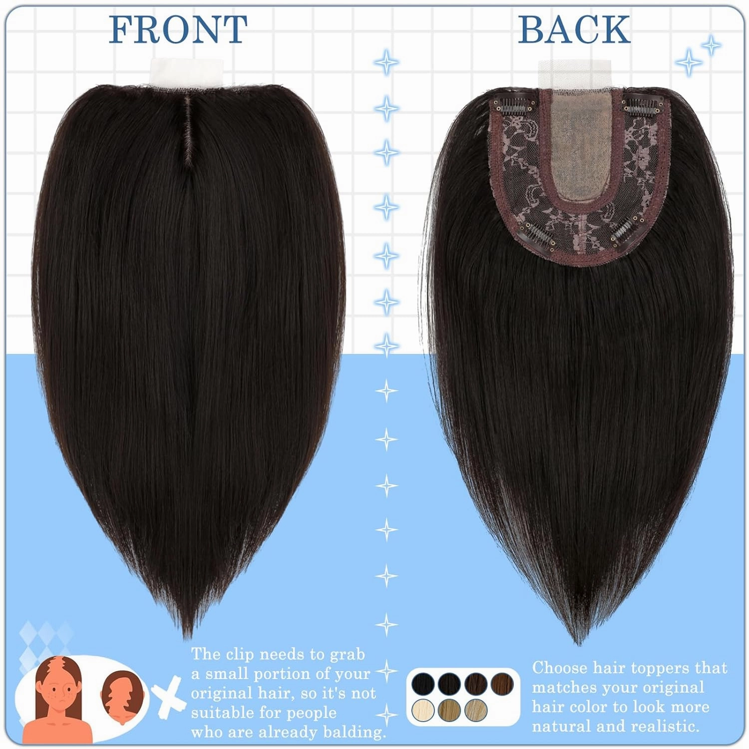 Hair Toppers No Bangs Women Topper with Front Lace 360° Cover Clip-in Synthetic Hairpieces Upgrade Base 13 in Short Straight Bob Wig for Thin Hair Dark Brown