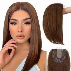 Hair Toppers No Bangs Women Topper with Front Lace 360° Cover Clip-in Synthetic Hairpieces Upgrade Base 13 in Short Straight Bob Wig for Thin Hair Light Brown