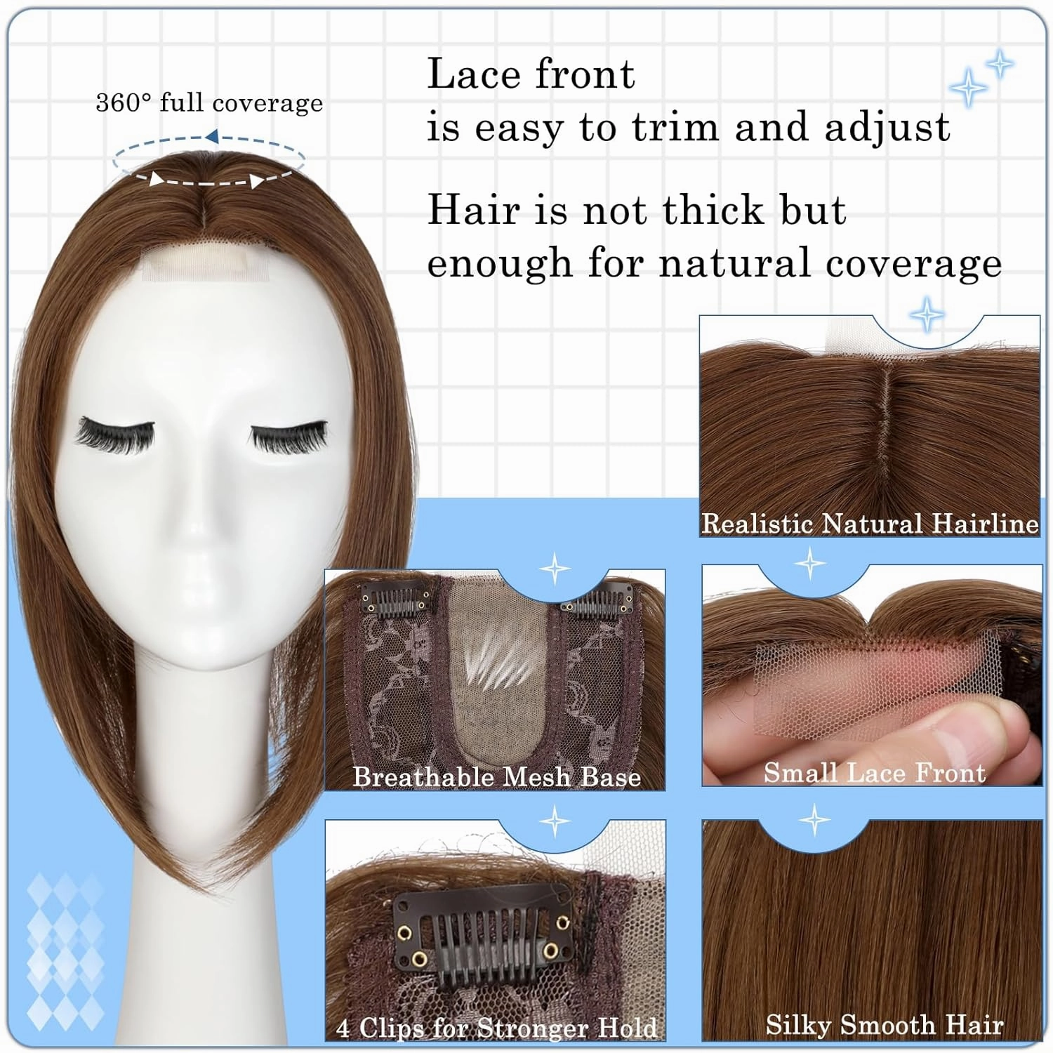 Hair Toppers No Bangs Women Topper with Front Lace 360° Cover Clip-in Synthetic Hairpieces Upgrade Base 13 in Short Straight Bob Wig for Thin Hair Light Brown