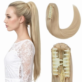 Hairro Claw Clip In Ponytails 100% Real Human Hair Ponytail Hair Extensions Jaw On Ponytail Extensions Jaw/Claw Clips Pony Tail Hairpieces For Women 14 Inch 105g #613 Light Blonde