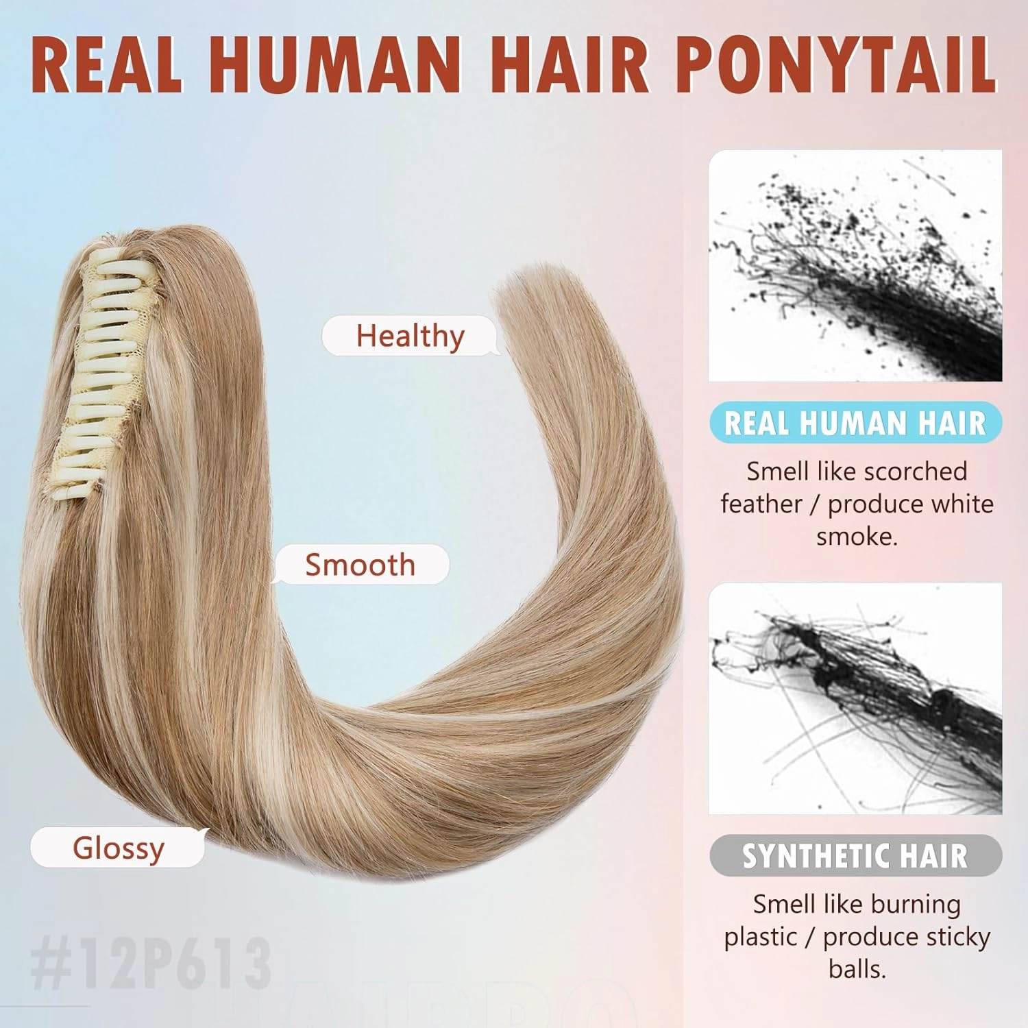 Hairro Claw Clip In Ponytails 100% Real Human Hair Ponytail Hair Extensions Jaw On Ponytail Jaw/Claw Clips Pony Tail Hairpieces For Women 14 Inch 105g #12P613 Golden Brown Mix Bleach Blonde