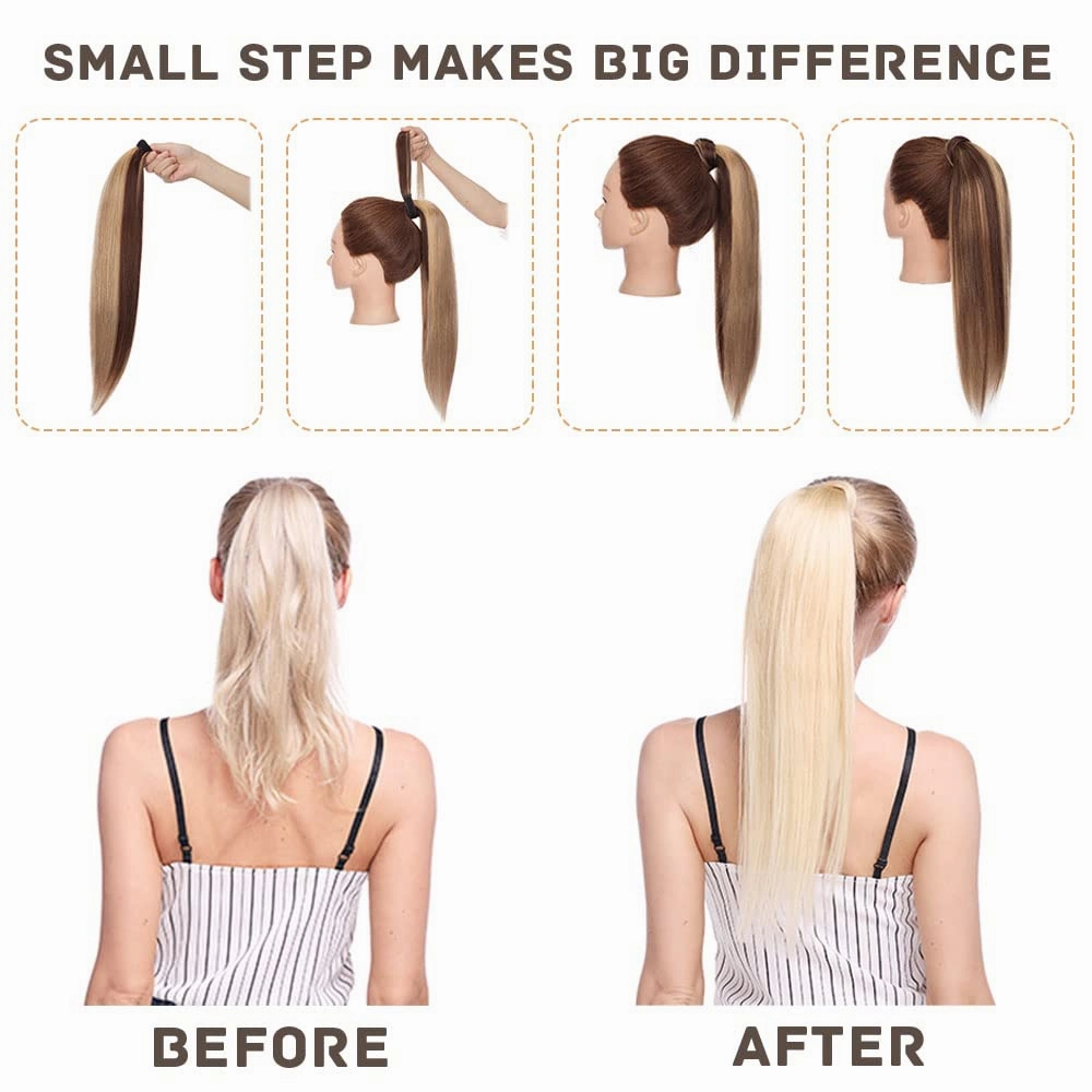 Hairro Ponytail Extensions Human Hair Wrap Around Pony Tails Hair Piece Remy Hair Clip in Ponytails with Magic Paste For Women 14inch 80g #4P27 Medium Brown mix Dark Blonde