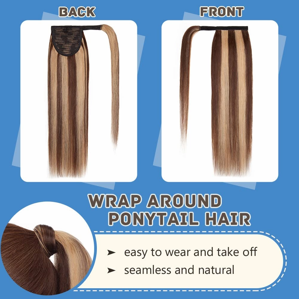 Hairro Ponytail Extensions Human Hair Wrap Around Pony Tails Hair Piece Remy Hair Clip in Ponytails with Magic Paste For Women 14inch 80g #4P27 Medium Brown mix Dark Blonde