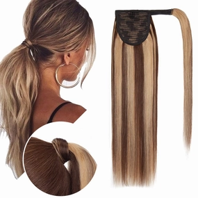 Hairro Ponytail Extensions Human Hair Wrap Around Pony Tails Hair Piece Remy Hair Clip in Ponytails with Magic Paste For Women 14inch 80g #4P27 Medium Brown mix Dark Blonde