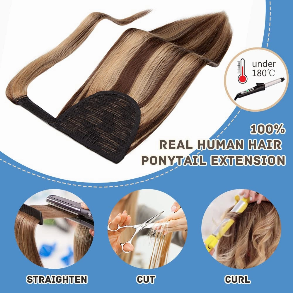 Hairro Ponytail Extensions Human Hair Wrap Around Pony Tails Hair Piece Remy Hair Clip in Ponytails with Magic Paste For Women 14inch 80g #4P27 Medium Brown mix Dark Blonde