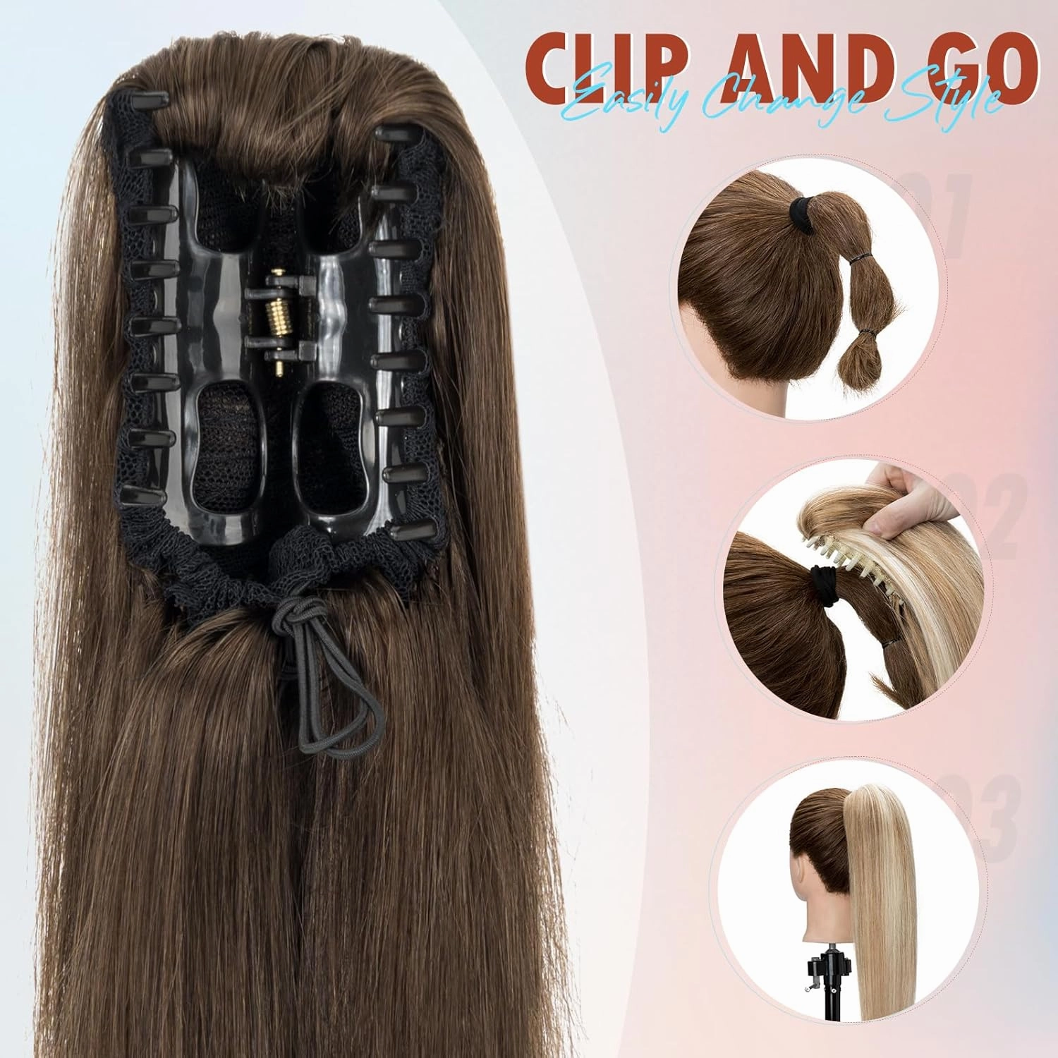 Hairro Ponytail Hair Extensions Claw Clip In Ponytails Jaw On Ponytail Extensions 100% Real Human Hair Long Straight Jaw/Claw Clips Pony Tail Hairpieces For Women 14 Inch 105g #02 Dark Brown