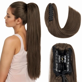 Hairro Ponytail Hair Extensions Claw Clip In Ponytails Jaw On Ponytail Extensions 100% Real Human Hair Long Straight Jaw/Claw Clips Pony Tail Hairpieces For Women 14 Inch 105g #02 Dark Brown