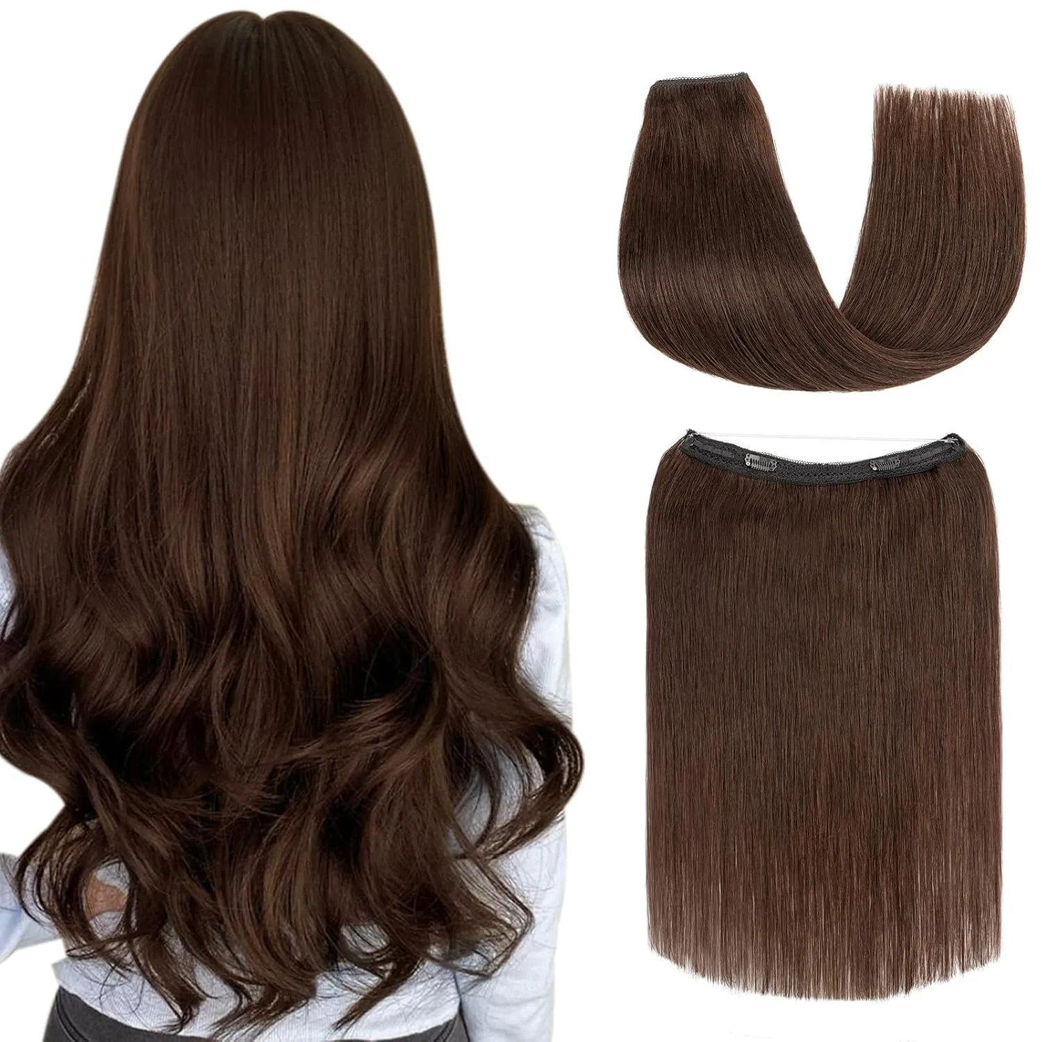 Halo Hair Extensions Real Human Hair, S-noilite Hair Halo Extensions for Women 16inch Dark Brown Halo Extensions Invisible Wire HairExtensions