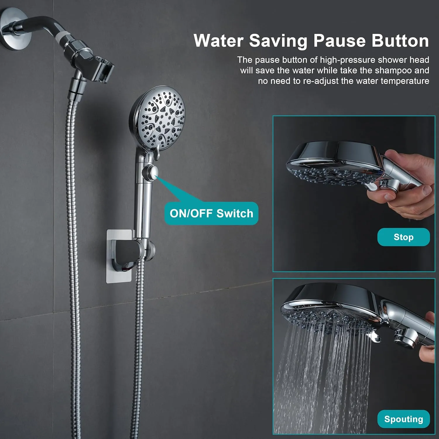 Handheld Shower Head with On Off Switch 8-Mode High Pressure Showerhead with 79 Inches Extra-long Stainless Steel Hose and Bracket PLUS Extra Low-Reach Adhesive Wall Mount for Kids,Silver…