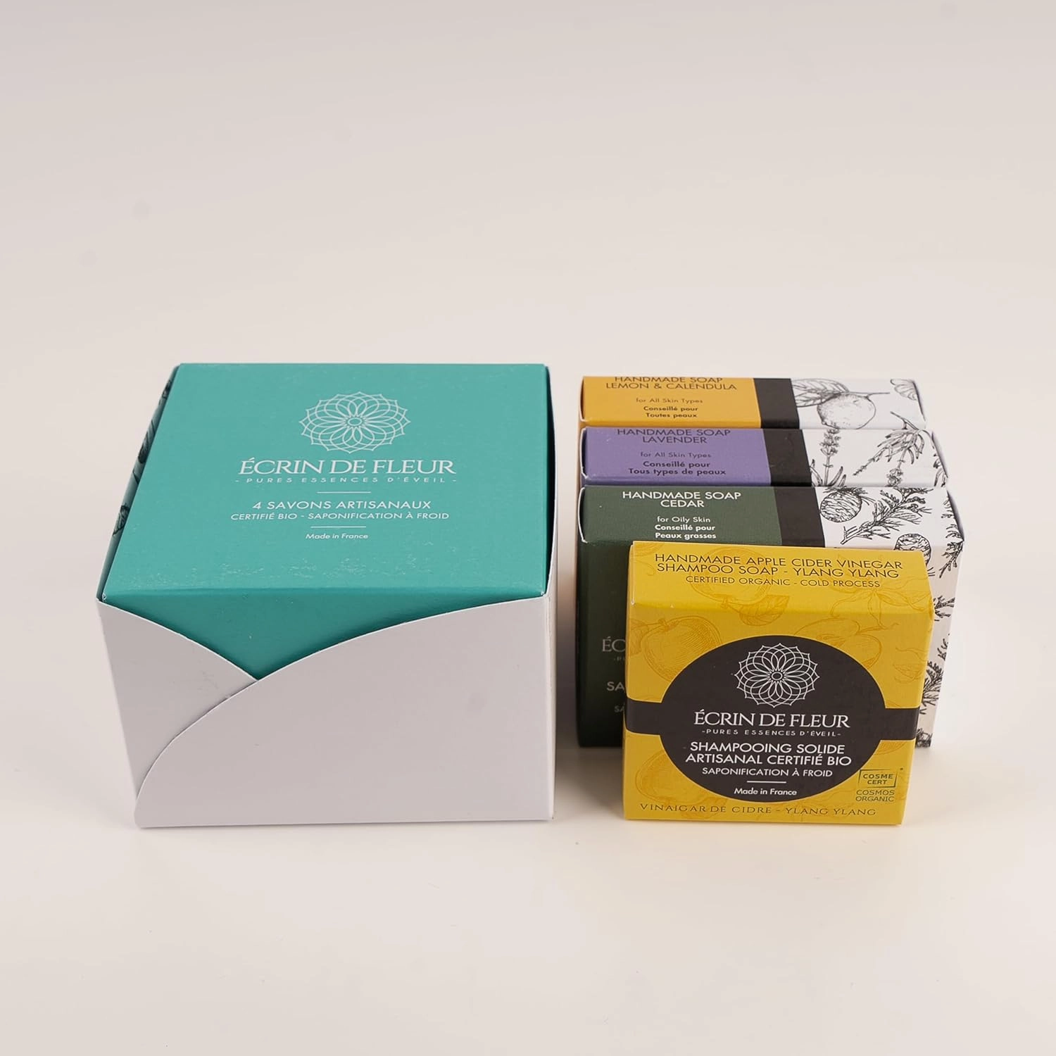 Handmade Organic Soap 4-pack (Cedar 3.2 oz, Lavender 3.2 oz, Lemon & Calendula Flowers 3.2 oz, Shampoo - Ylang Ylang 1.9 oz)