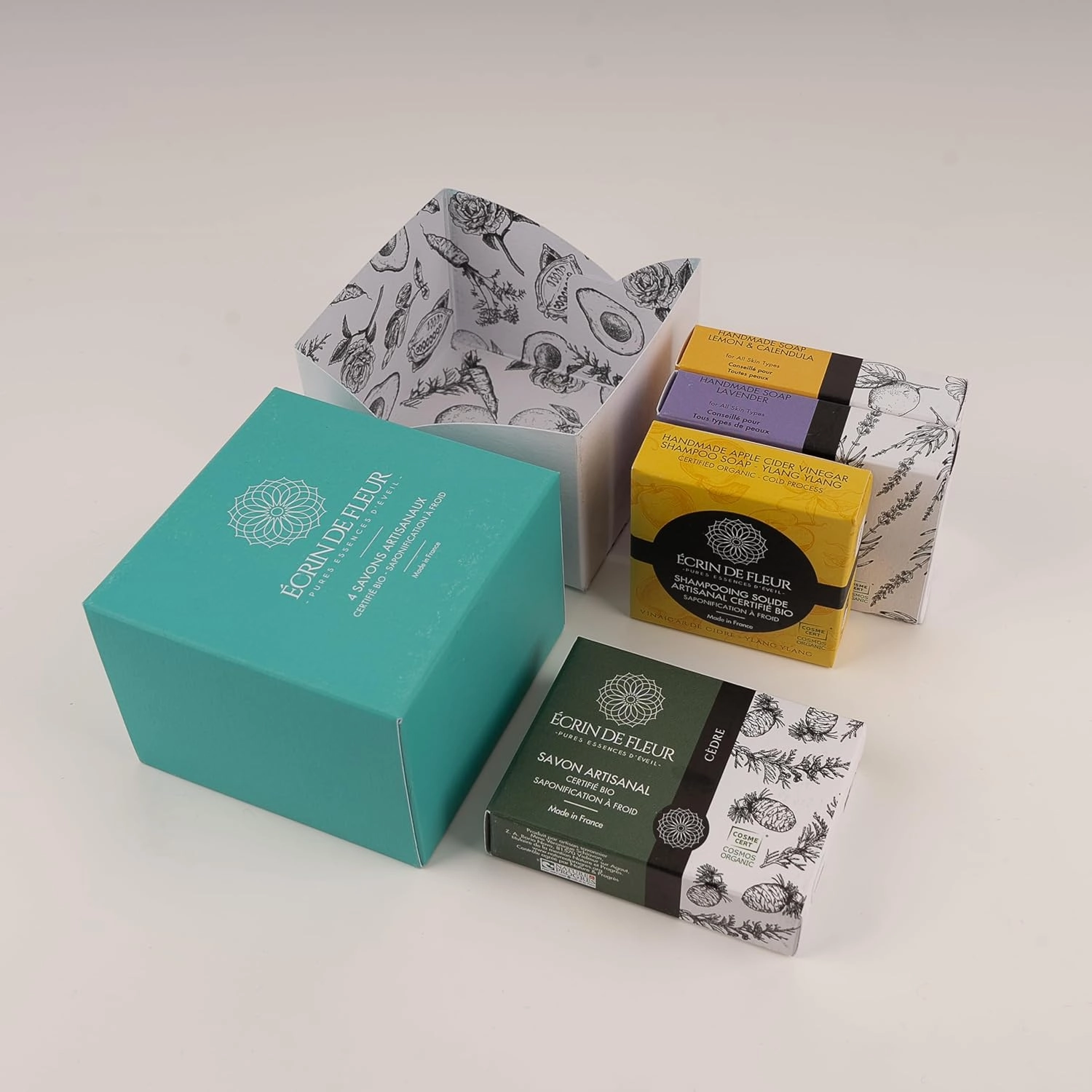 Handmade Organic Soap 4-pack (Cedar 3.2 oz, Lavender 3.2 oz, Lemon & Calendula Flowers 3.2 oz, Shampoo - Ylang Ylang 1.9 oz)