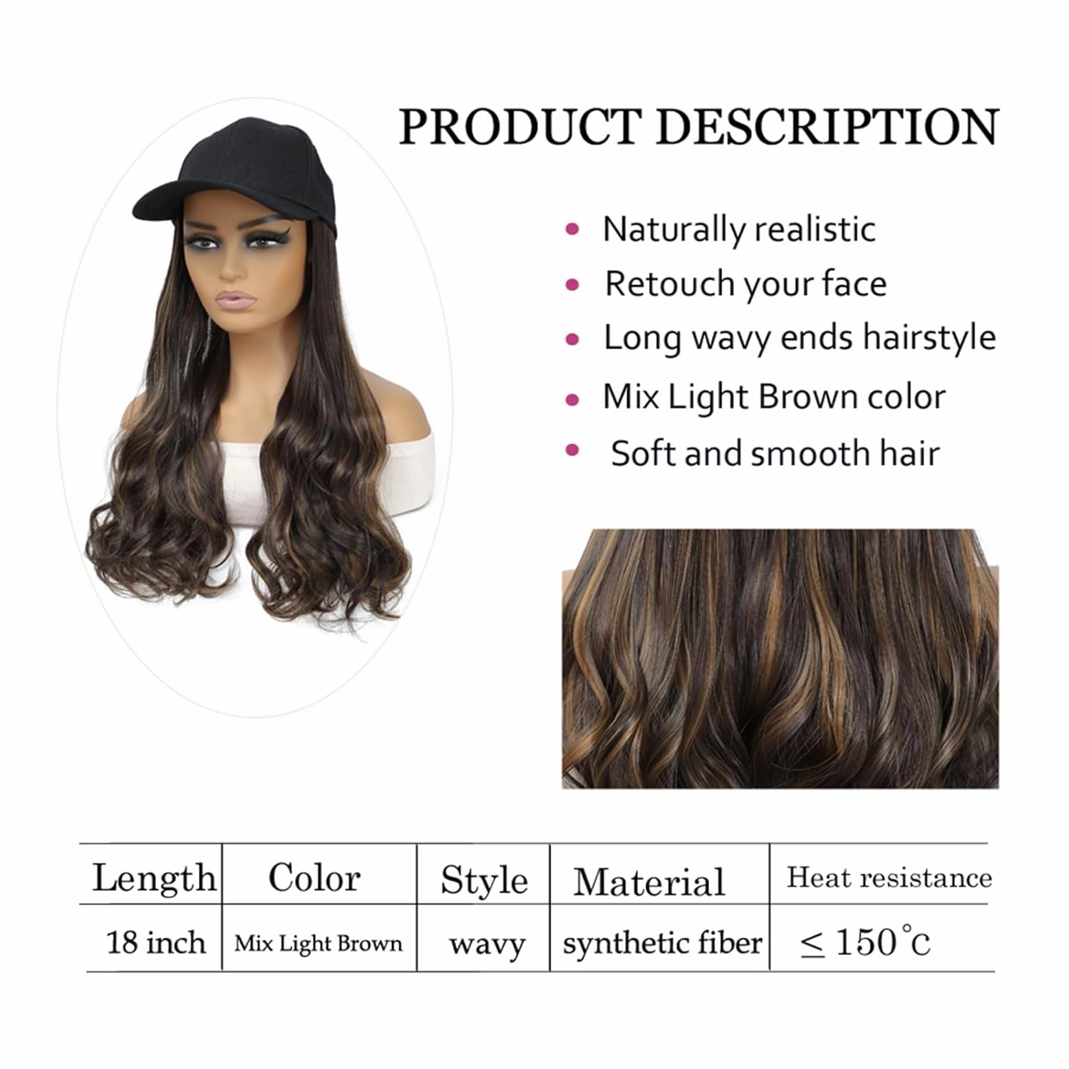 Hat Wig Baseball Cap With Long Wavy Ends Straight Hair Extensions Attached Heat Resistant Synthetic Fiber Hair Replacement Wigs in Hat for Woman Girls Mix brown color(Mlight brown, 18inch)