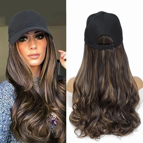 Hat Wig Baseball Cap With Long Wavy Ends Straight Hair Extensions Attached Heat Resistant Synthetic Fiber Hair Replacement Wigs in Hat for Woman Girls Mix brown color(Mlight brown, 18inch)