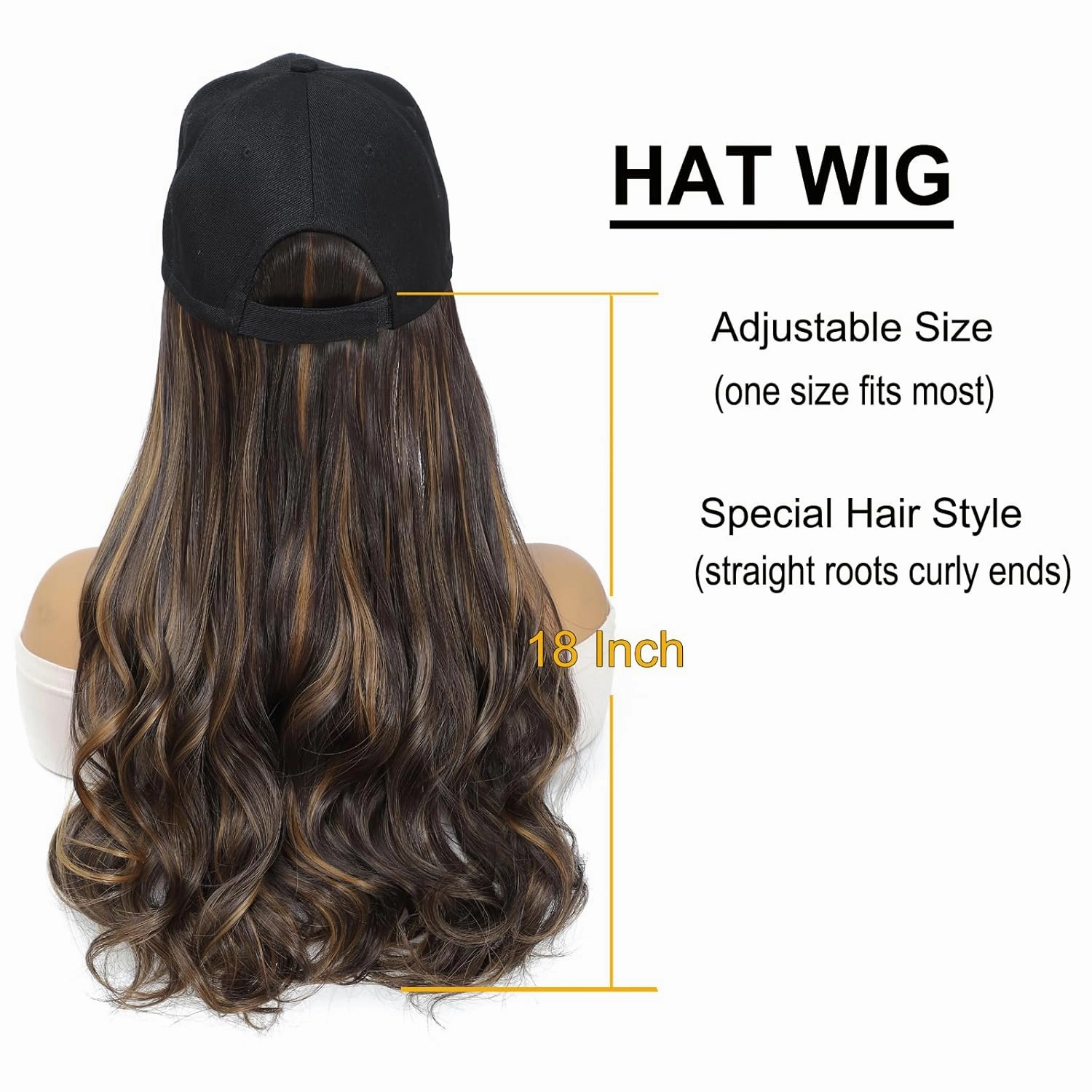 Hat Wig Baseball Cap With Long Wavy Ends Straight Hair Extensions Attached Heat Resistant Synthetic Fiber Hair Replacement Wigs in Hat for Woman Girls Mix brown color(Mlight brown, 18inch)
