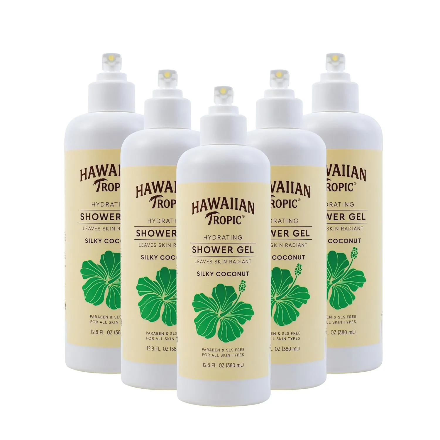 Hawaiian Tropic Hydrating Shower Gel, Body Wash 5 Pack, 380ml Bottle, Silky Coconut Scent, SLS Free, Paraben Free, Hotel Bathroom Amenities, Bulk Size, Air Bnb, Guest Bathroom Essentials, Airbnb