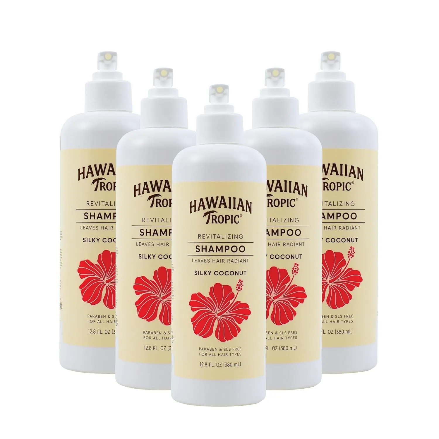 Hawaiian Tropic Revitalizing Shampoo 5 Pack, 380ml Bottle, Silky Coconut Scent, SLS Free,Paraben Free, Hotel Bathroom Amenities, Bulk Size, Air Bnb, Guest Bathroom Essentials, Airbnb