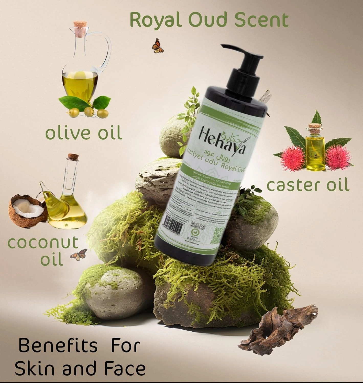 Hekaya Natural Olive Oil Soap liquid with Organic Ingredients, Vegan Soap, Moisturizing, Handmade, Scented (Royal Oud) Pump Bottle Dispenser -(13.5 Fl Oz / 400 mL)