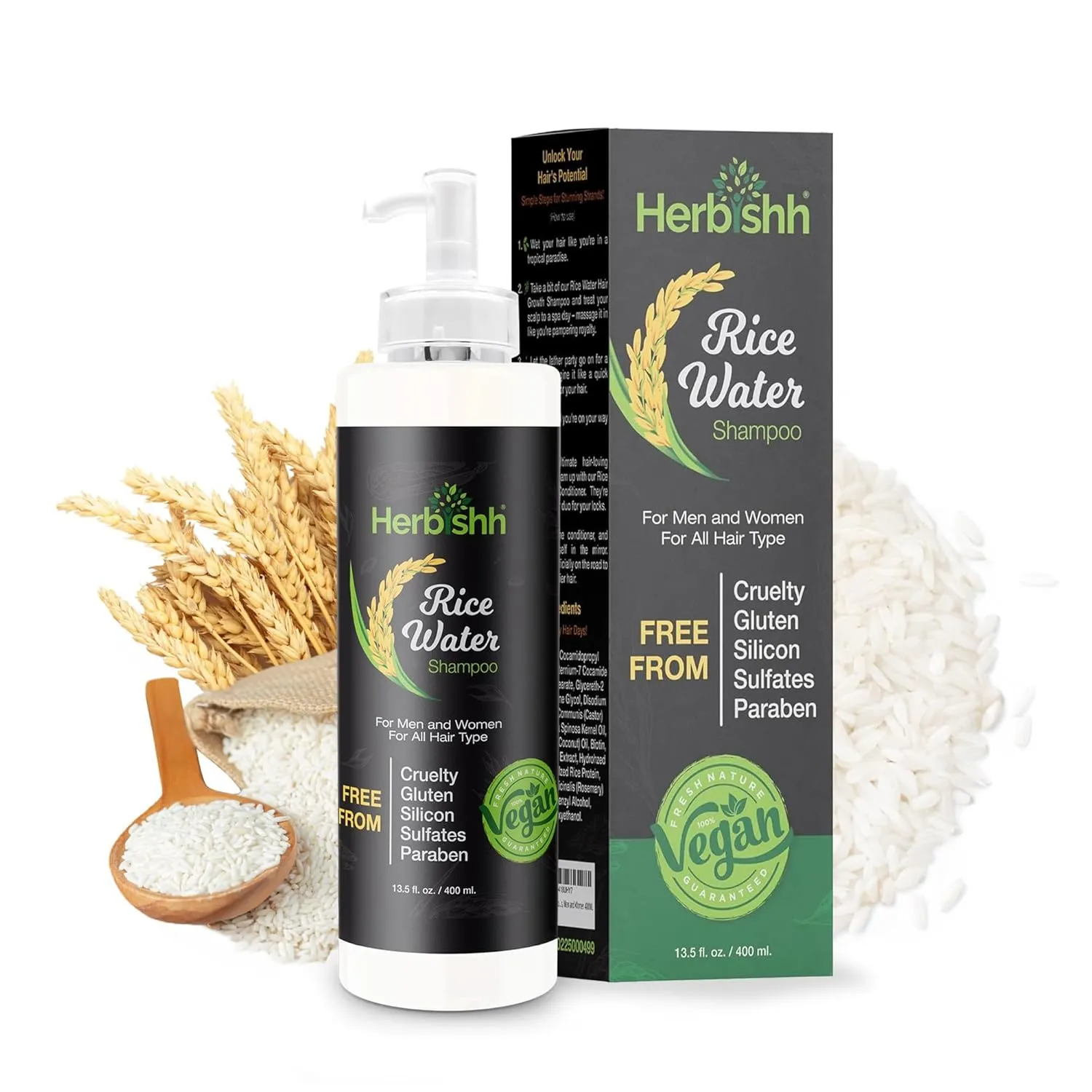 Herbishh Rice Water Hair Growth Shampoo - 400ml with Power of Castor Oil, Argan & Coconut Oil & Biotin | All Hair Type | Hair regrowth for Thinning Hair, Moisturizing & Volumizing | Silicone Free
