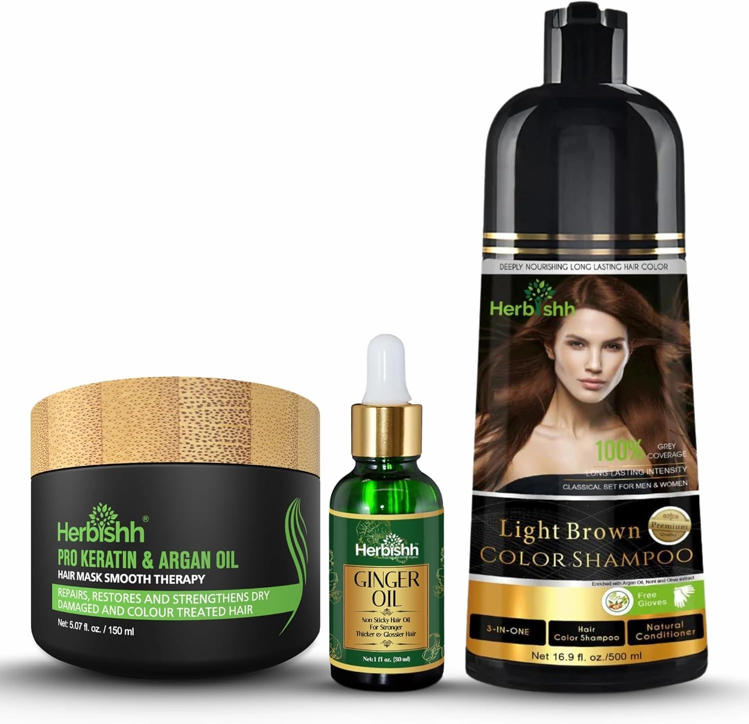 Herbishh Light Brown Hair Dye Shampoo 3 In 1- Color Shampoo For Gray Hair Coverage 500 ML, Argan Oil & Pro Keratin Deep Conditioning Hair Mask 150gm and Ginger Essential Oil Serum For Hair Growth 30ml