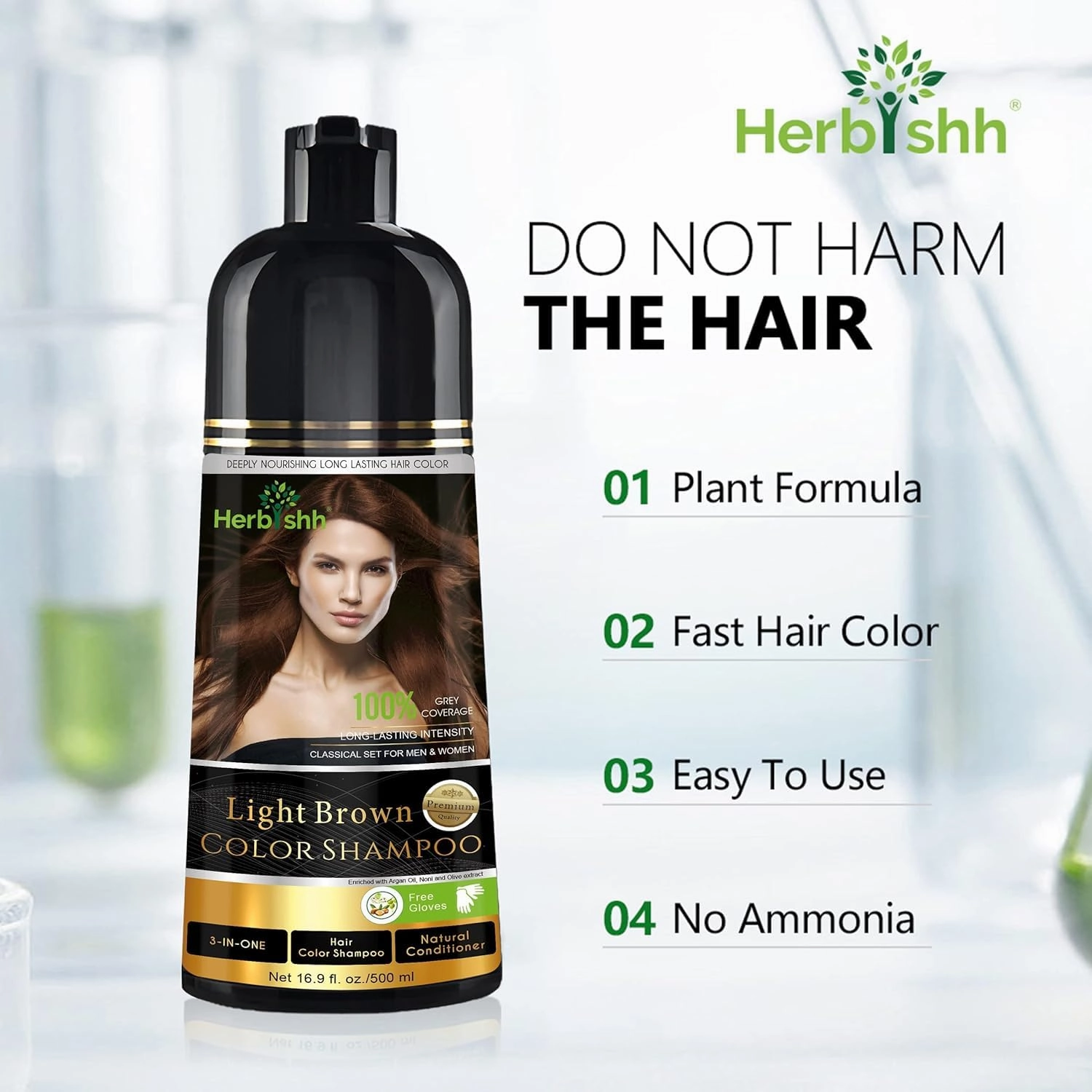 Herbishh Light Brown Hair Dye Shampoo 3 In 1- Color Shampoo For Gray Hair Coverage 500 ML, Argan Oil & Pro Keratin Deep Conditioning Hair Mask 150gm and Ginger Essential Oil Serum For Hair Growth 30ml